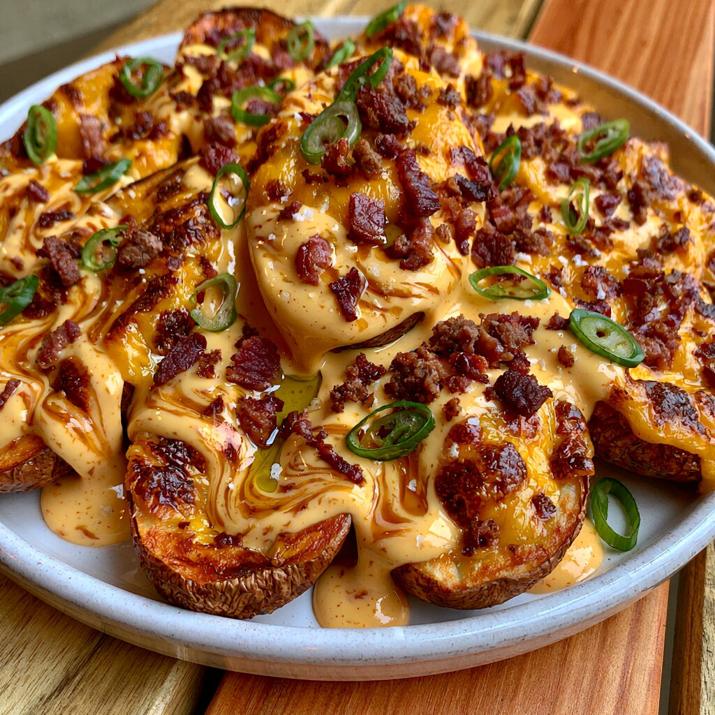 Crispy potato skins loaded with savory beef bacon and melted cheddar cheese.