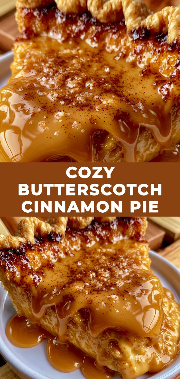 A slice of warm butterscotch cinnamon pie, glistening with a flaky crust, evokes comfort and sweetness.
