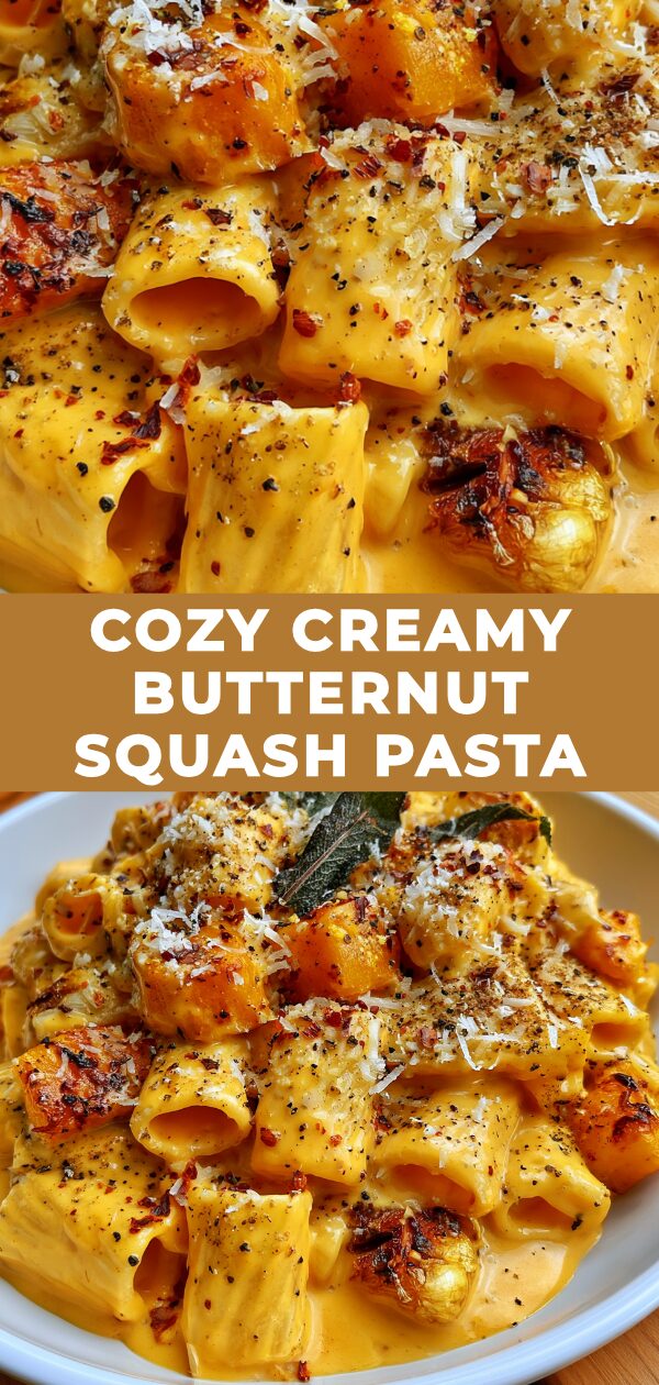 A steaming bowl of butternut squash pasta, rich with creamy sauce and adorned with fresh herbs.