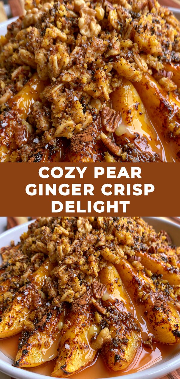 A warm pear and ginger crisp topped with golden, bubbly crumble.