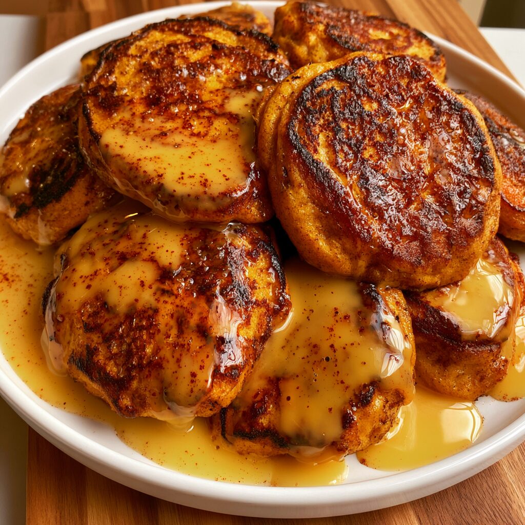 Fluffy pancakes infused with pumpkin spice, topped with whipped cream and a dusting of cinnamon, evoking a warm, autumnal breakfast scene.