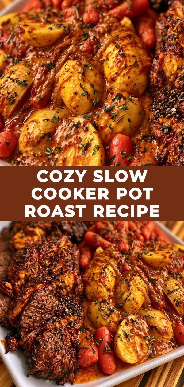 A hearty pot roast simmers in a slow cooker, promising a comforting and flavorful meal.
