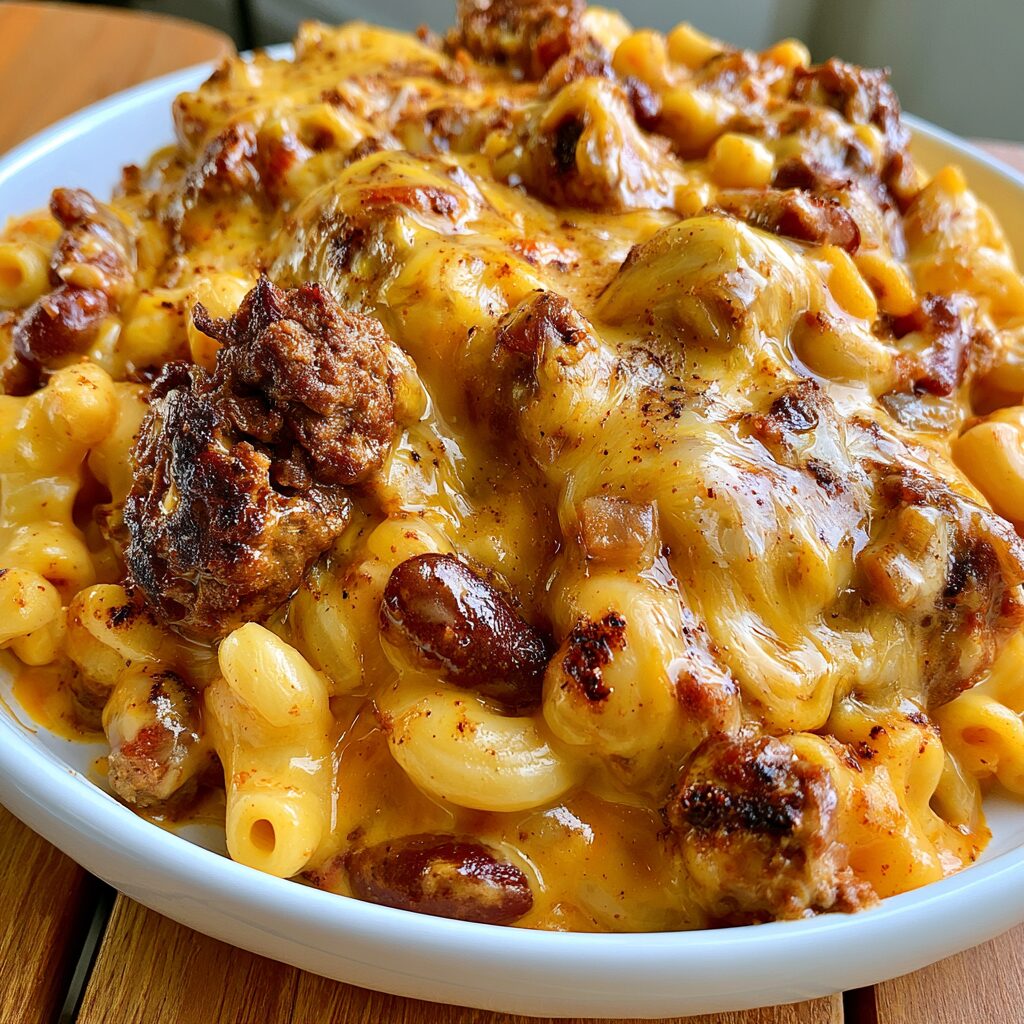 Hearty chili mac served in a bowl, perfect for a casual outdoor gathering.