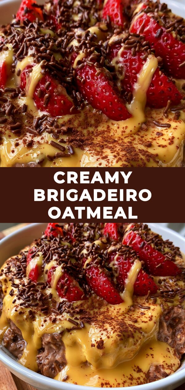 A comforting bowl of oatmeal swirled with rich brigadeiro, topped with chocolate sprinkles and a dollop of cream.