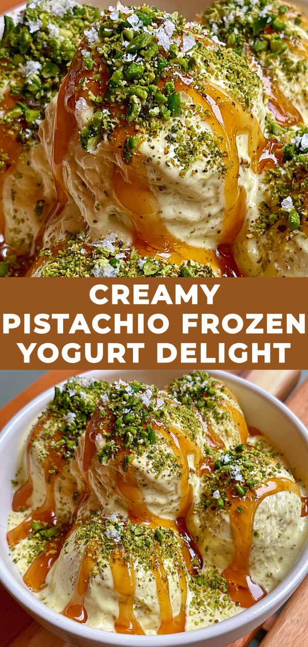 A swirl of vibrant green pistachio frozen yogurt topped with crushed pistachios and a drizzle of white sauce.