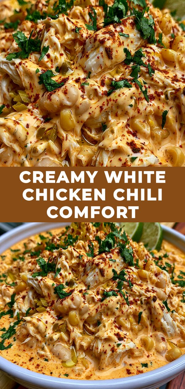 A bowl of comforting, creamy white chicken chili topped with herbs.