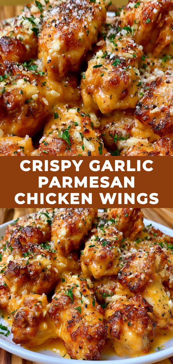 Golden-brown chicken wings coated in garlic and parmesan cheese, ready to be devoured.