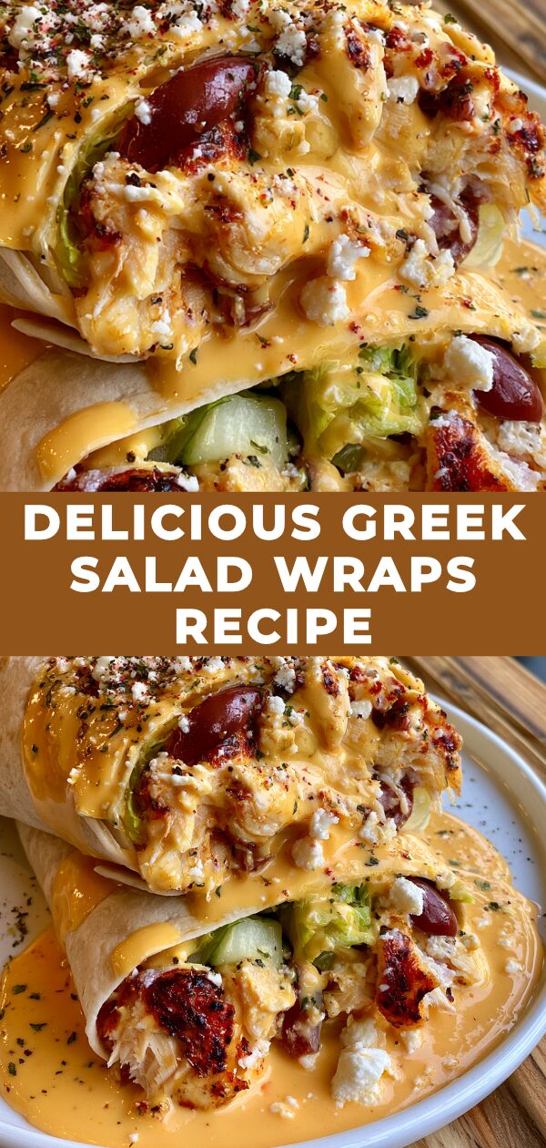 Fluffy pita bread is filled with crisp lettuce, juicy tomatoes, briny olives, creamy feta, and a zesty dressing, creating a refreshing Greek salad wrap.