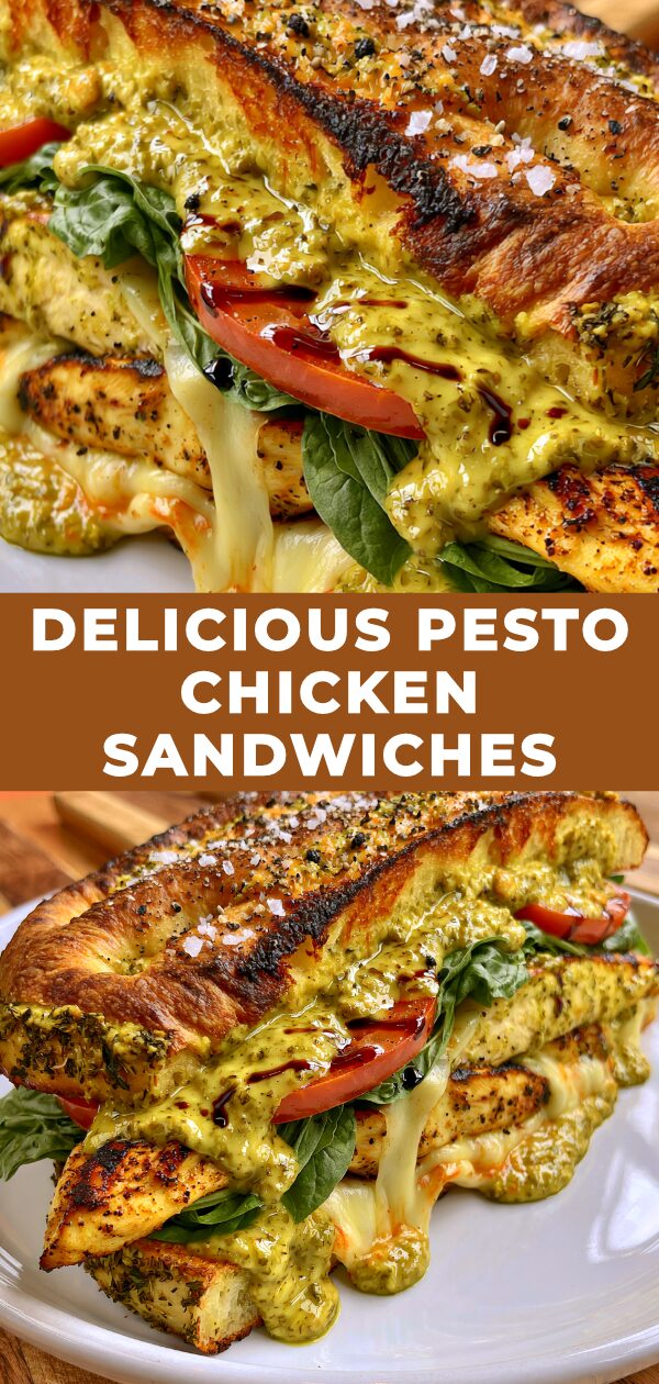 A vibrant green pesto chicken sandwich, bursting with fresh basil and juicy chicken, ready to be devoured.