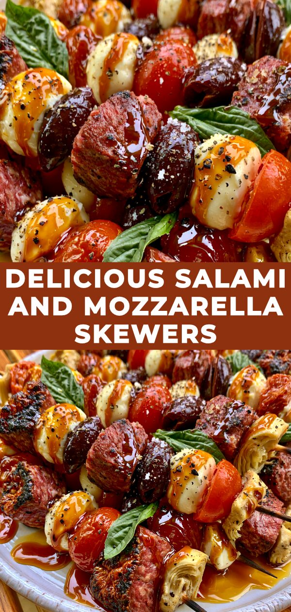 A toothpick-speared stack of savory salami and fresh mozzarella rounds, ready to be enjoyed.