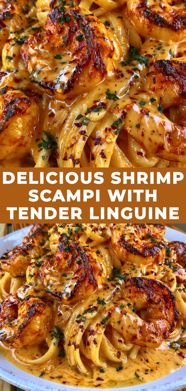 Golden linguine tossed with plump shrimp in a garlic butter sauce, garnished with fresh parsley.