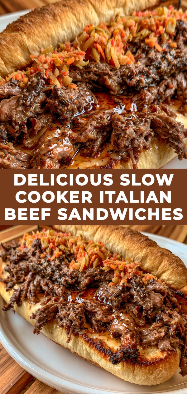 A hearty slow cooker Italian beef sandwich overflowing with tender shredded beef and seasonings, ready to be assembled.
