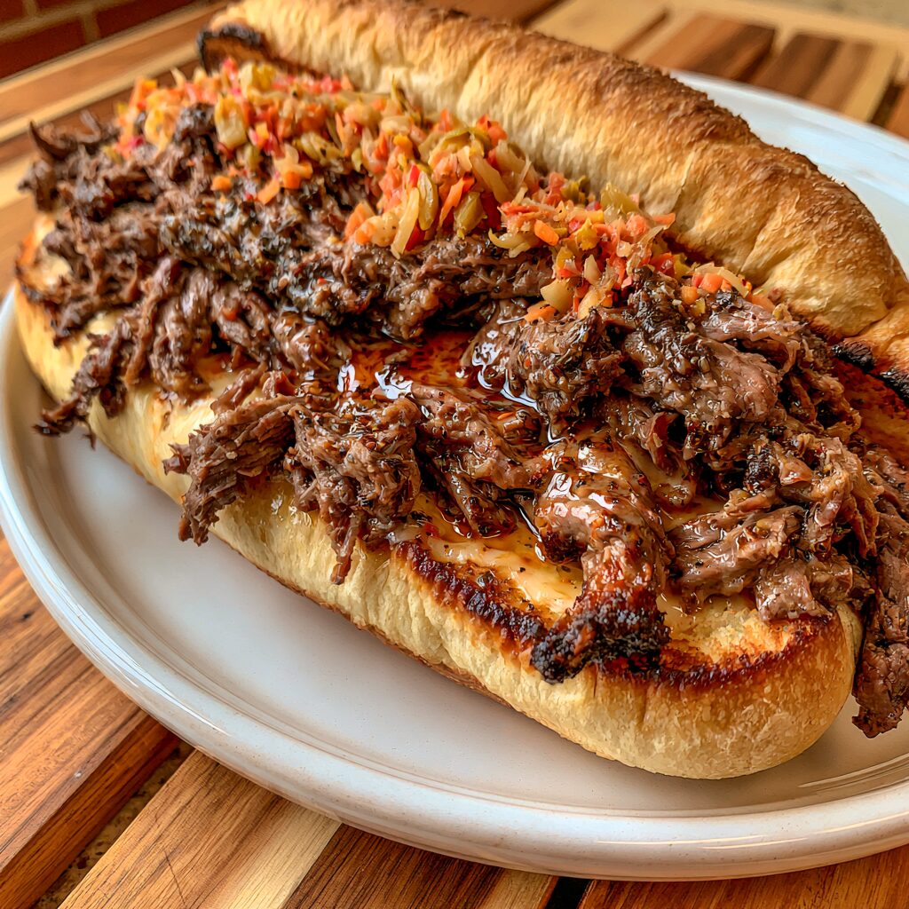 Juicy, shredded Italian beef piled high on soft rolls, perfect for a slow cooker meal.