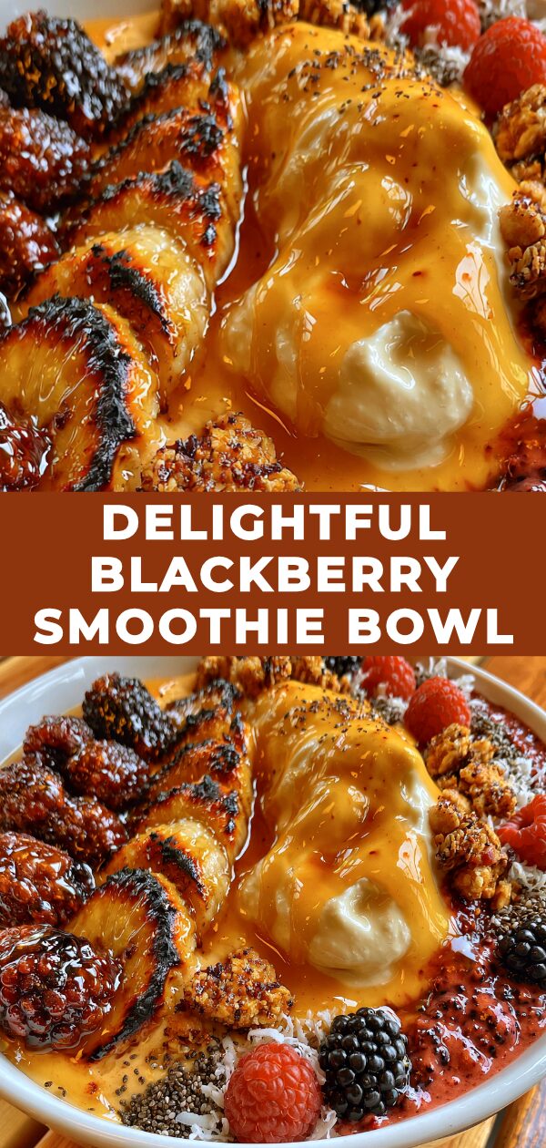 A vibrant blackberry smoothie, topped with fresh berries and granola, served in a white bowl.