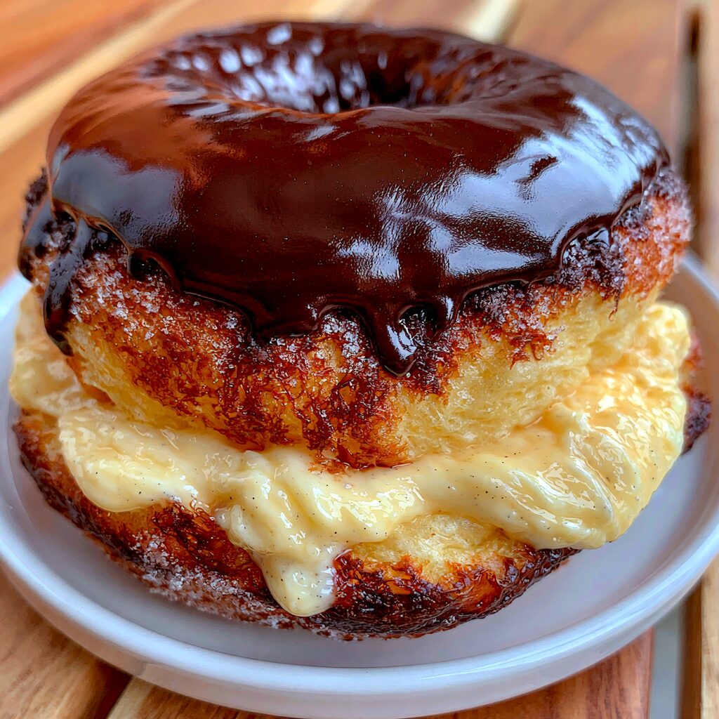 Fluffy donuts filled with vanilla custard and topped with rich chocolate glaze.