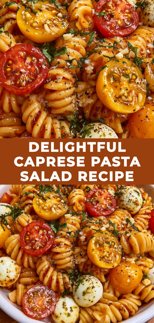 A vibrant pasta salad featuring cherry tomatoes, fresh mozzarella balls, basil leaves, and a balsamic glaze.