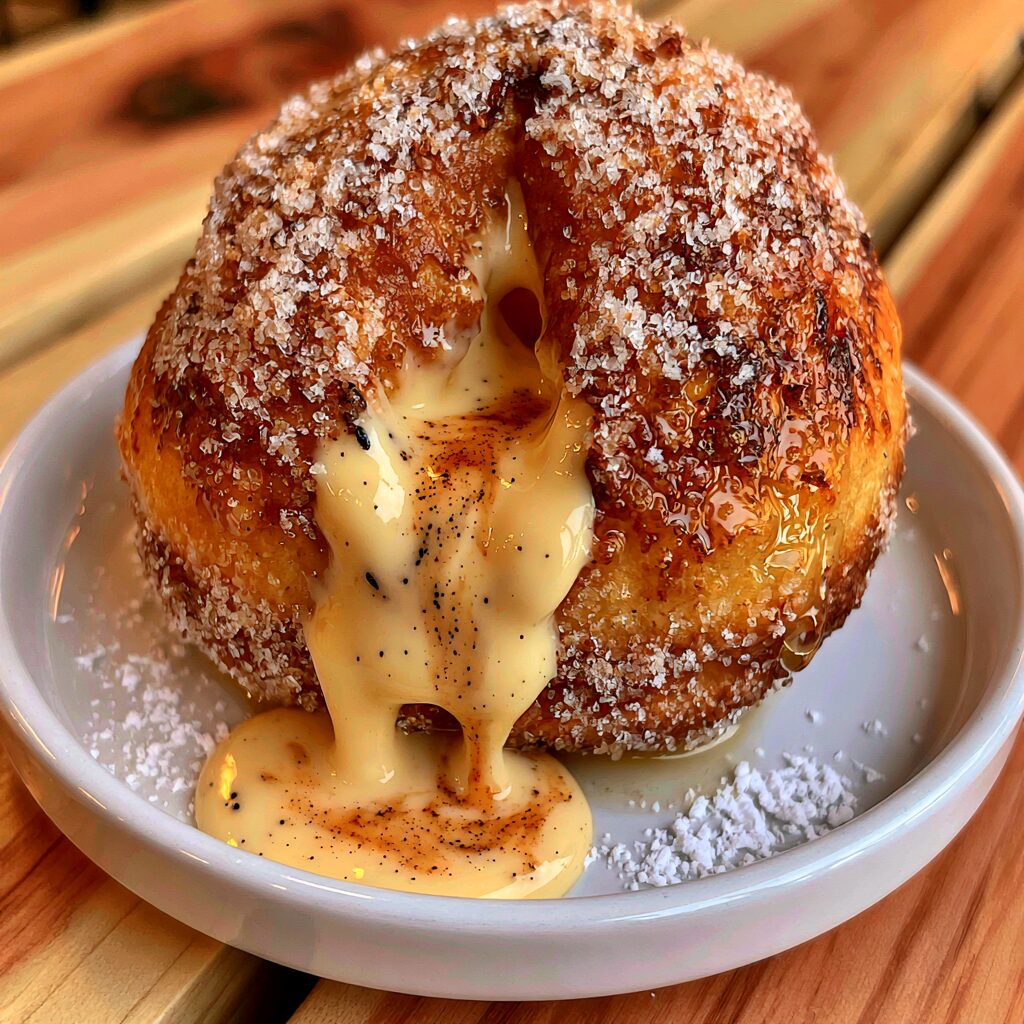 A trio of golden-brown, sugar-dusted donuts overflowing with creamy white filling.