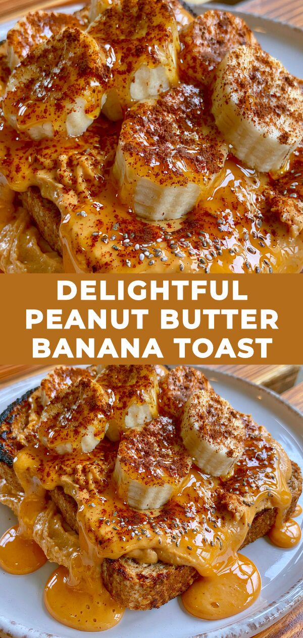 A golden-brown slice of toast generously spread with creamy peanut butter, topped with sweet banana slices and a drizzle of honey.