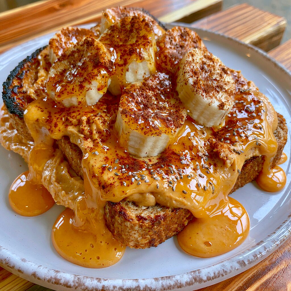A slice of toast generously spread with creamy peanut butter and topped with perfectly fanned banana slices.