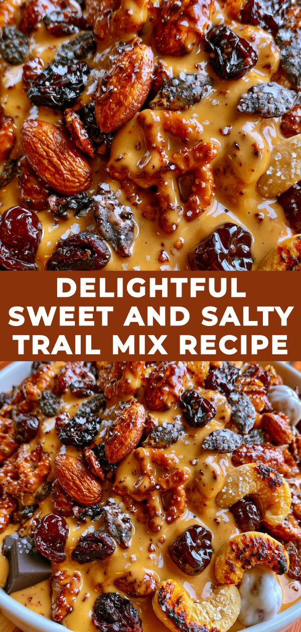 A bowl overflows with a homemade trail mix blending sweet dried fruits and crunchy savory nuts.