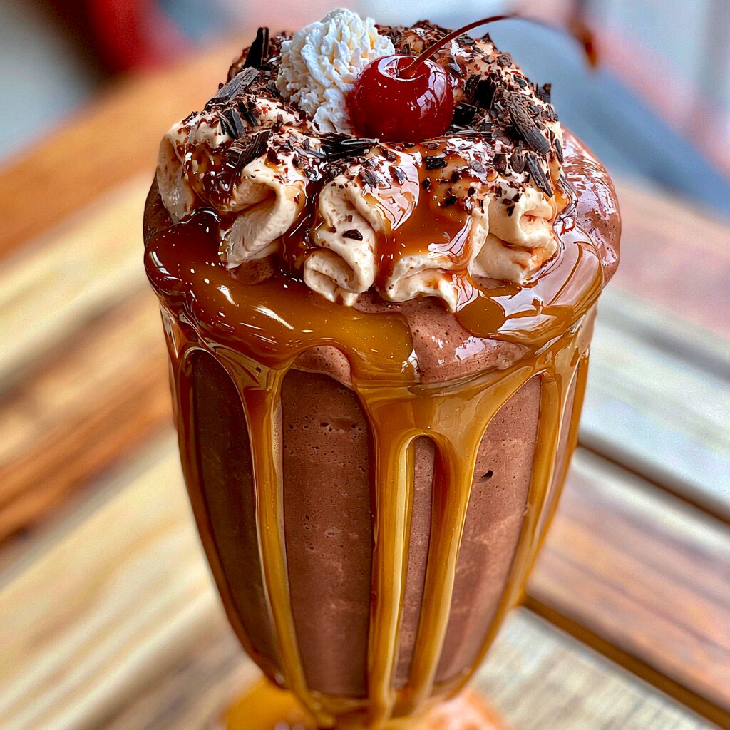 A decadent, creamy chocolate milkshake cascades from a tall glass, adorned with whipped cream and chocolate shavings.