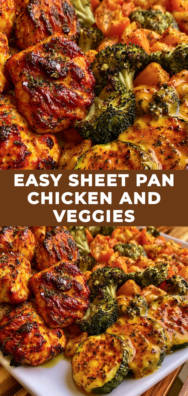 A colorful medley of roasted chicken and vegetables is arranged on a simple sheet pan.