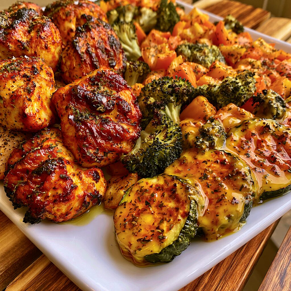 A colorful assortment of roasted chicken pieces and vibrant vegetables arranged on a baking sheet.