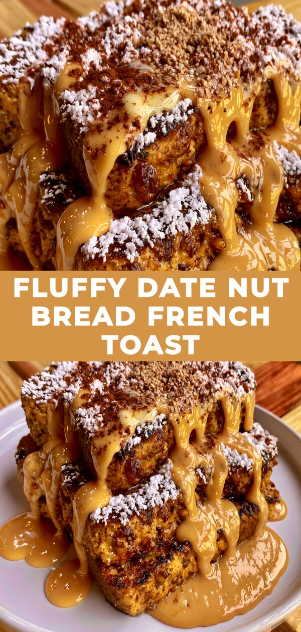 A stack of fluffy French toast slices topped with dates and chopped nuts.