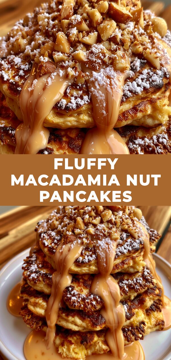 Glistening stack of light, airy pancakes studded with macadamia nuts, drizzled with syrup, and topped with whipped cream.