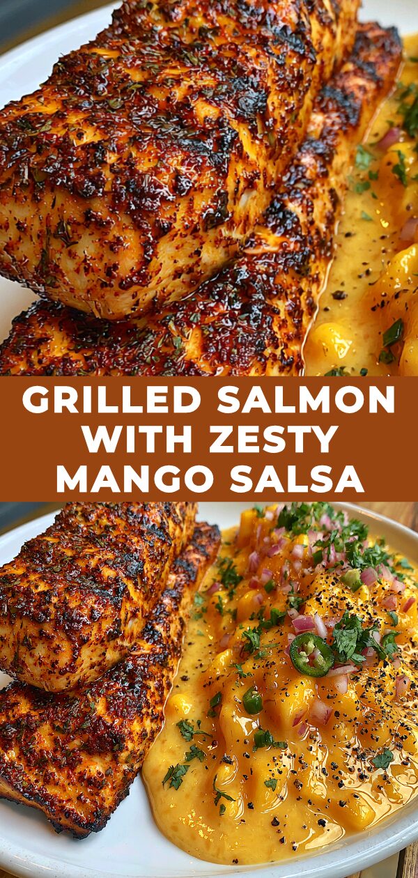 Juicy grilled salmon fillet topped with a vibrant, fresh mango salsa bursting with citrus flavors.