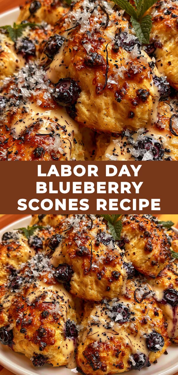 Golden-brown blueberry scones adorned with a light glaze, perfect for a Labor Day treat.