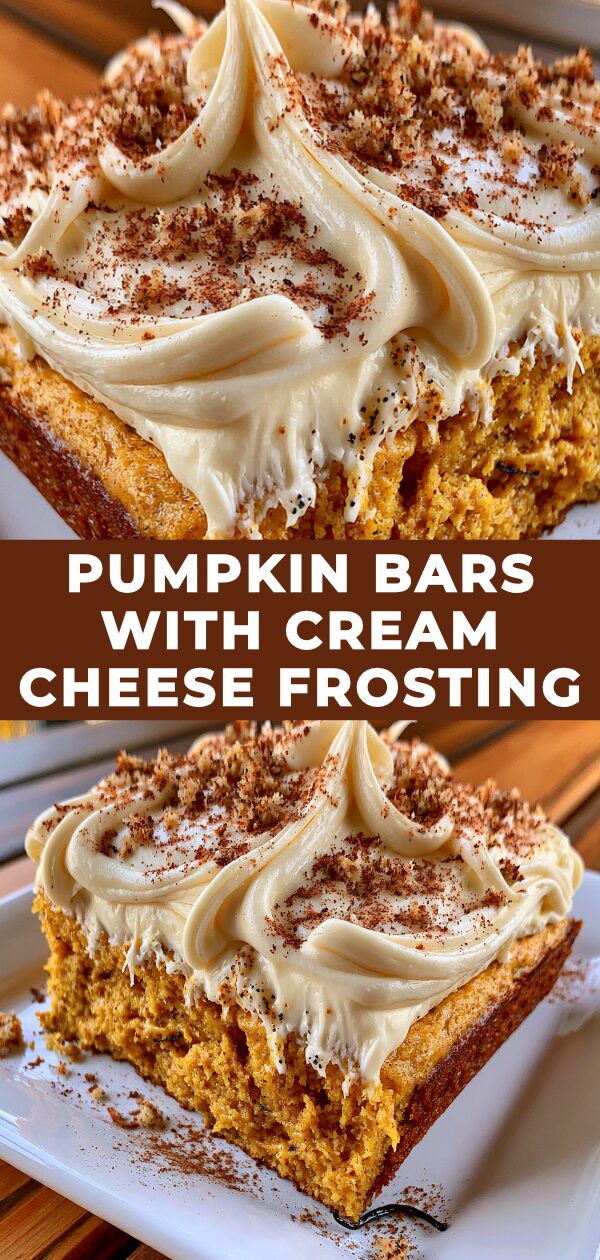 Golden pumpkin bars generously topped with swirls of rich cream cheese frosting, ready to be enjoyed.