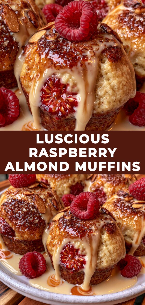 Golden-brown raspberry almond muffins, studded with vibrant red berries and a hint of streusel topping.