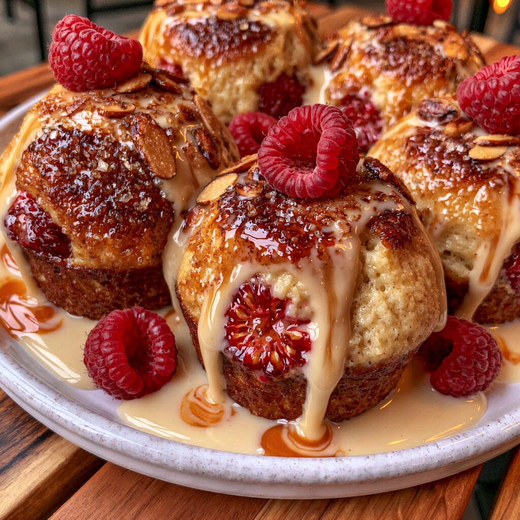 Golden-brown raspberry almond muffins, brushed with glaze and studded with fresh raspberries.