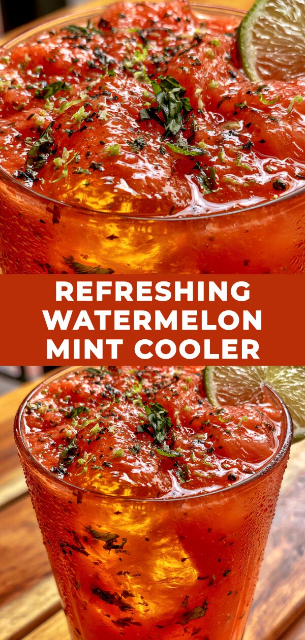 A vibrant watermelon mint cooler garnished with fresh mint leaves sits in a glass jug, ready to be served.