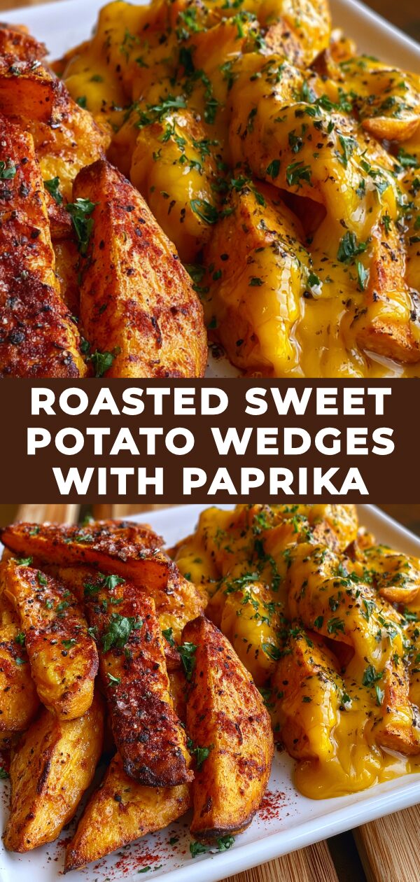 Golden-brown roasted sweet potato wedges dusted with smoky paprika, ready to be enjoyed.