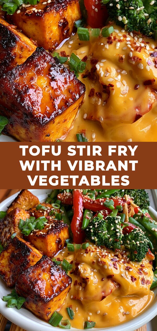 A colorful stir-fry medley of firm tofu and crisp vegetables in a glossy sauce, presented in a shallow bowl.