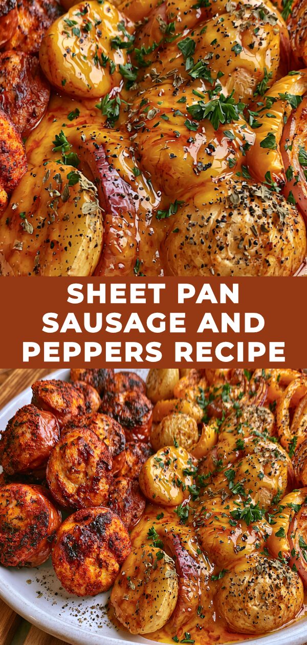 A vibrant sheet pan filled with colorful bell peppers, onions, and browned Italian sausage slices, ready for roasting.