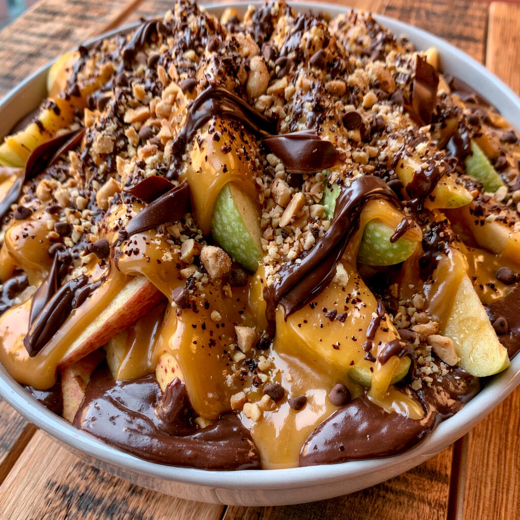 A colorful dessert platter overflows with sliced apples generously drizzled with caramel, chocolate, and sprinkled with chopped nuts and candies.