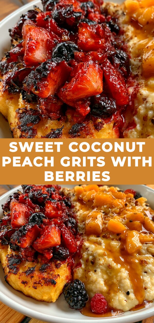 Creamy coconut peach grits topped with a vibrant medley of fresh berries.