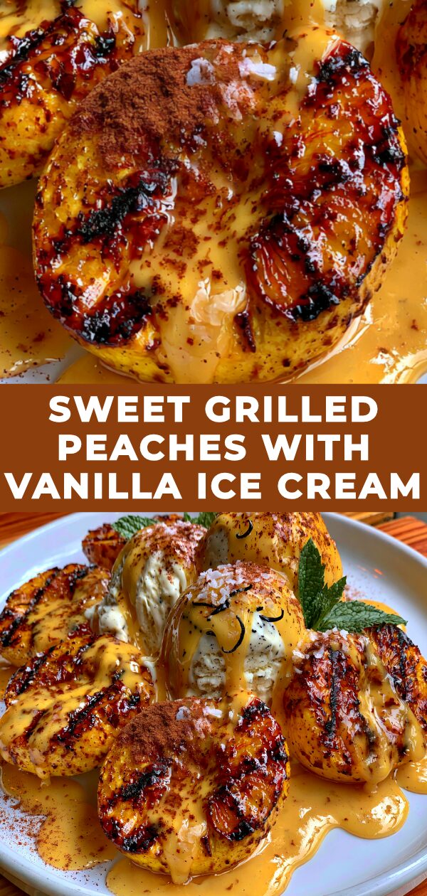 Grilled peaches, caramelized and warm, are served with a scoop of melting vanilla ice cream.
