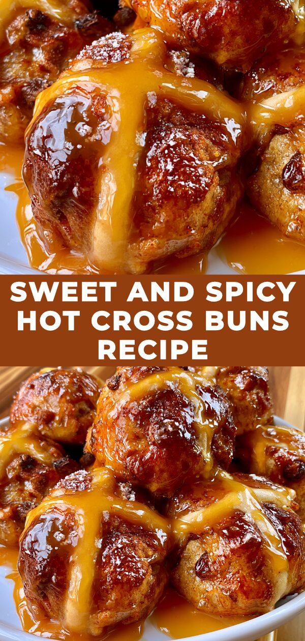 Golden brown hot cross buns baked with a hint of chili and cinnamon, glistening with a sweet glaze.