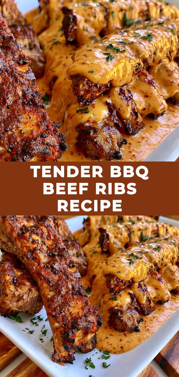 Juicy, slow-cooked beef ribs coated in a glossy BBQ sauce, ready to be served.