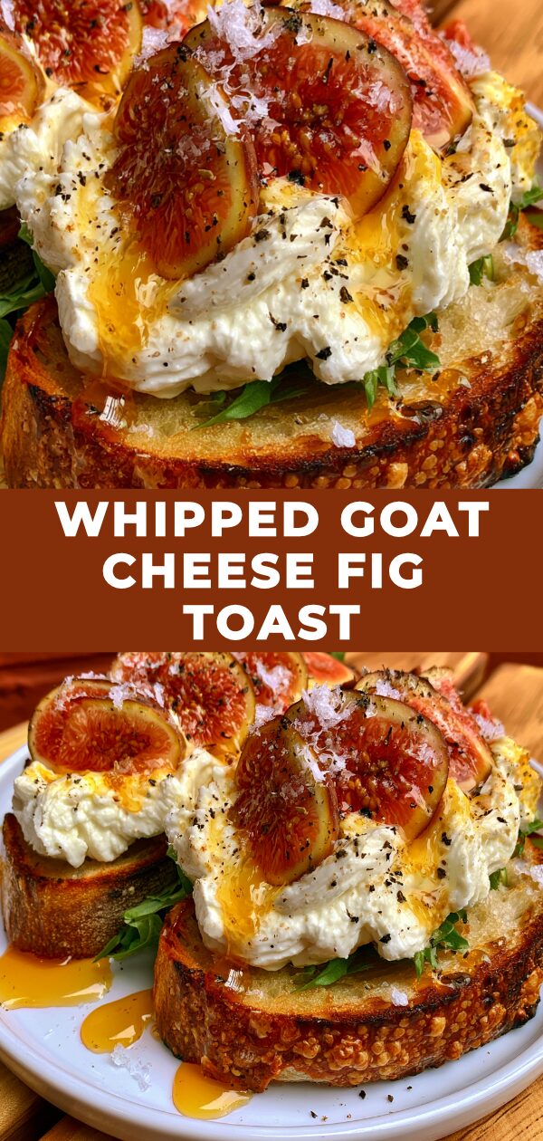 A rustic slice of artisanal toast generously topped with creamy whipped goat cheese and sweet fig slices.