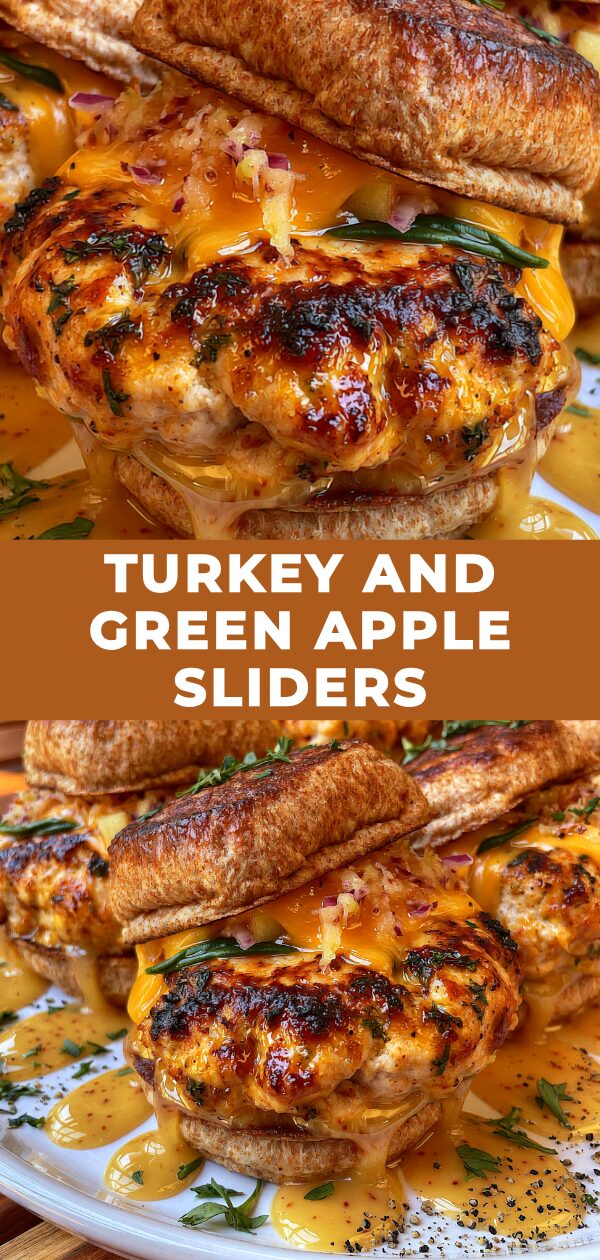 A stacked slider featuring a juicy turkey patty, crisp green apple slices, and a brioche bun.