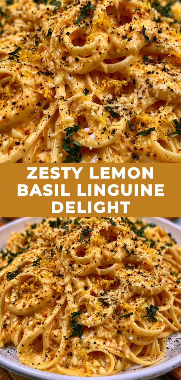 A vibrant bowl of linguine tossed with lemon zest, fresh basil, and glistening olive oil.
