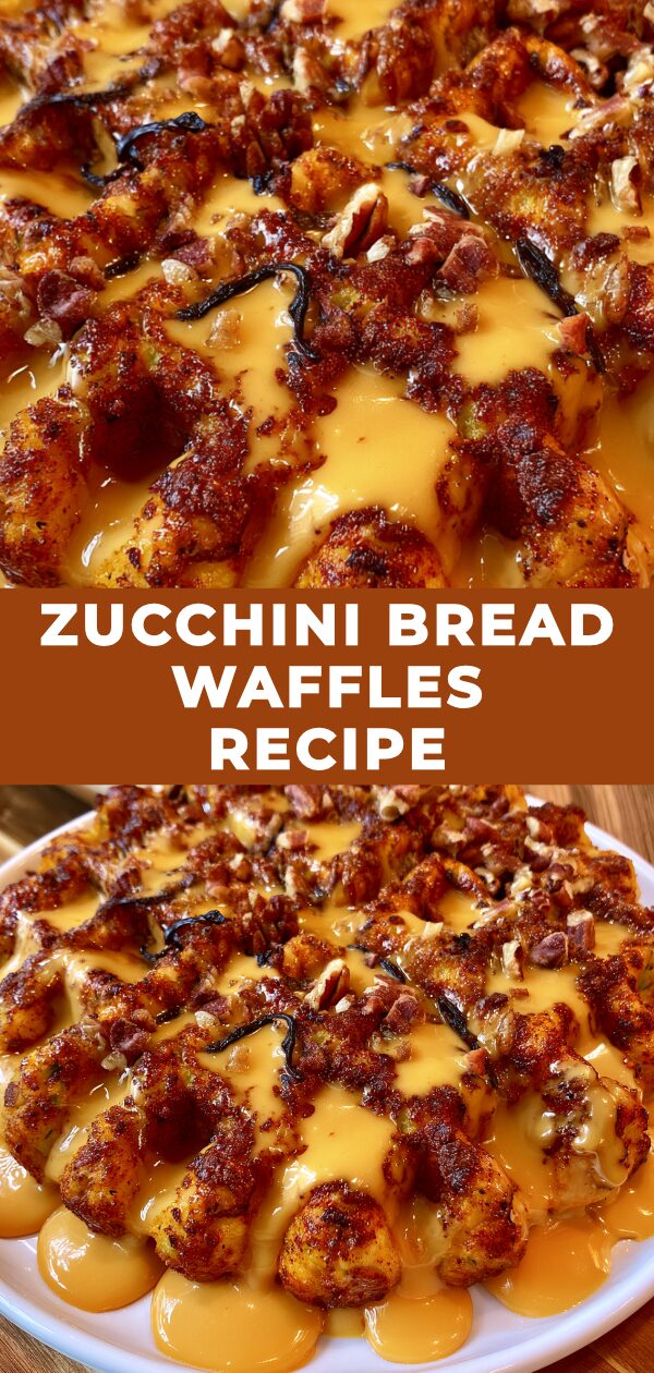Fluffy waffles with visible flecks of zucchini, dusted with powdered sugar, offer a delightful breakfast twist.