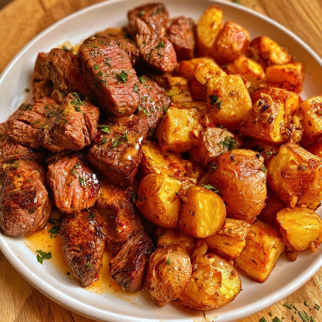 Easy Garlic Butter Steak Bites And Crispy Potatoes